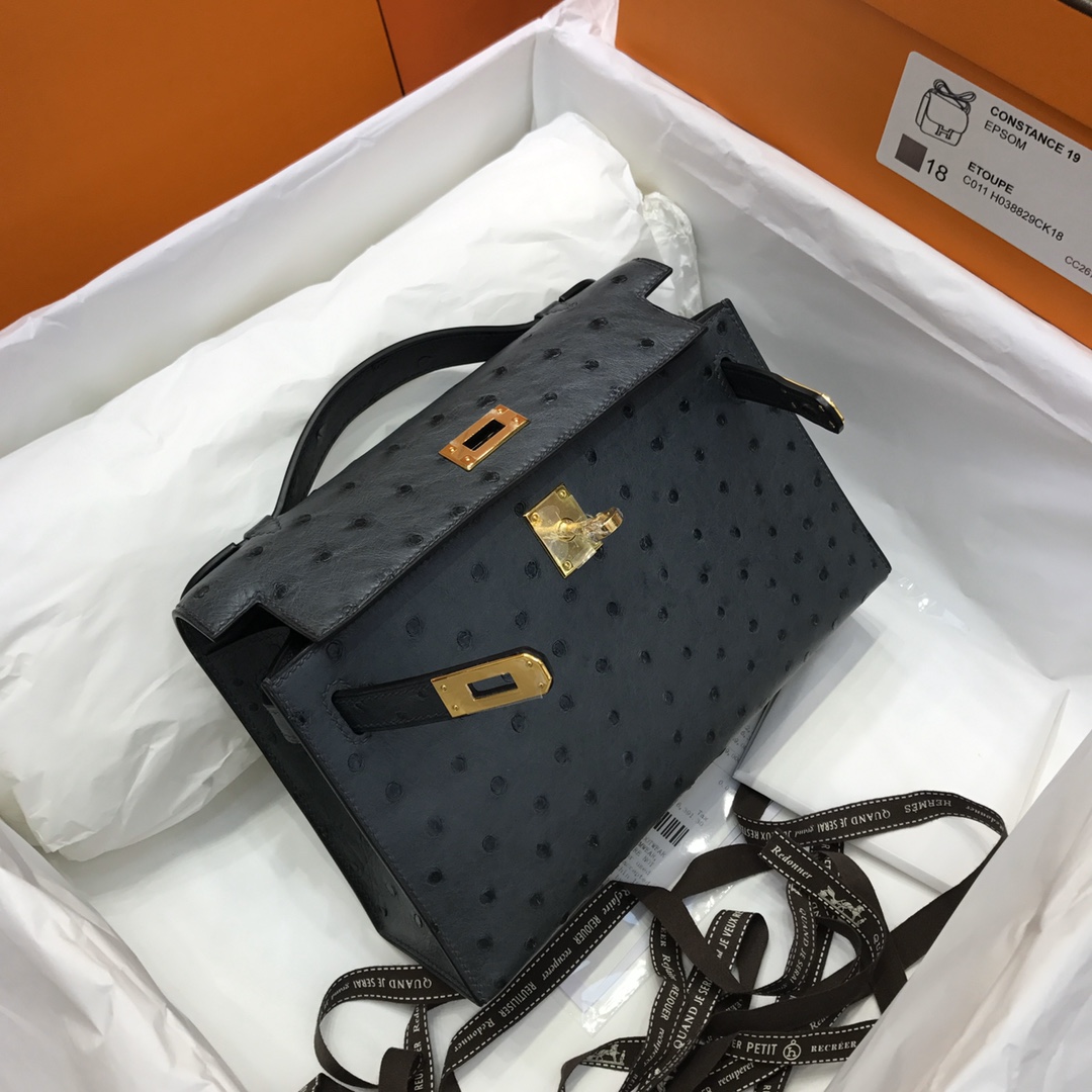 Hermes Mini Kelly Pochette 22cm Bag In Black Grey Ostrich Leather